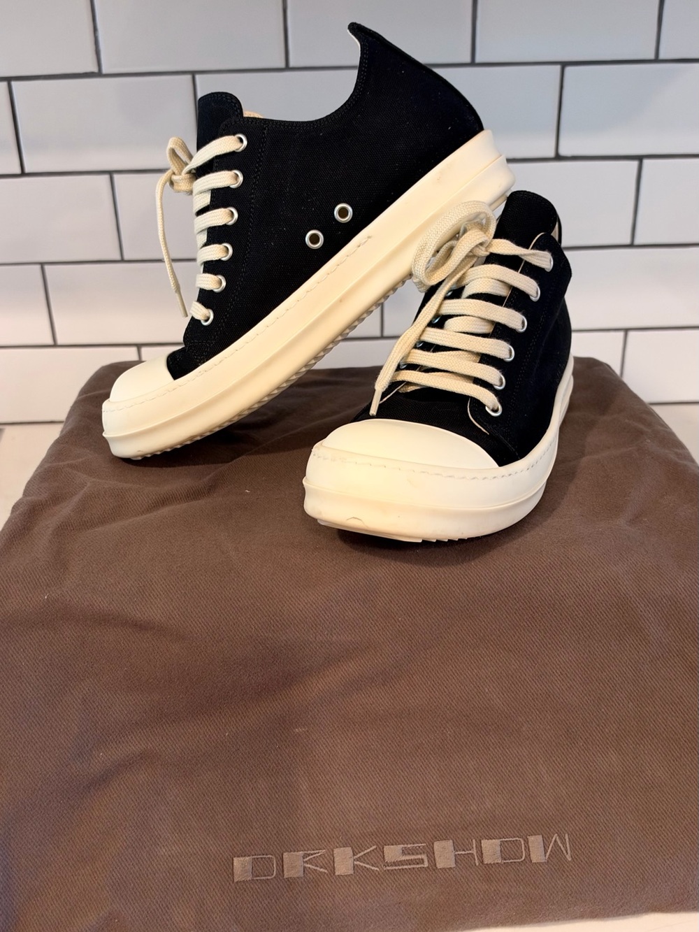 Rick Owens Black Canvas Sneakers with Cream Soles